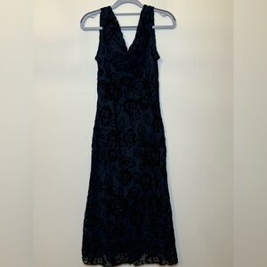 SOLD! Vintage 90s Black and Navy Beaded, Cowl neck Maxi Dress